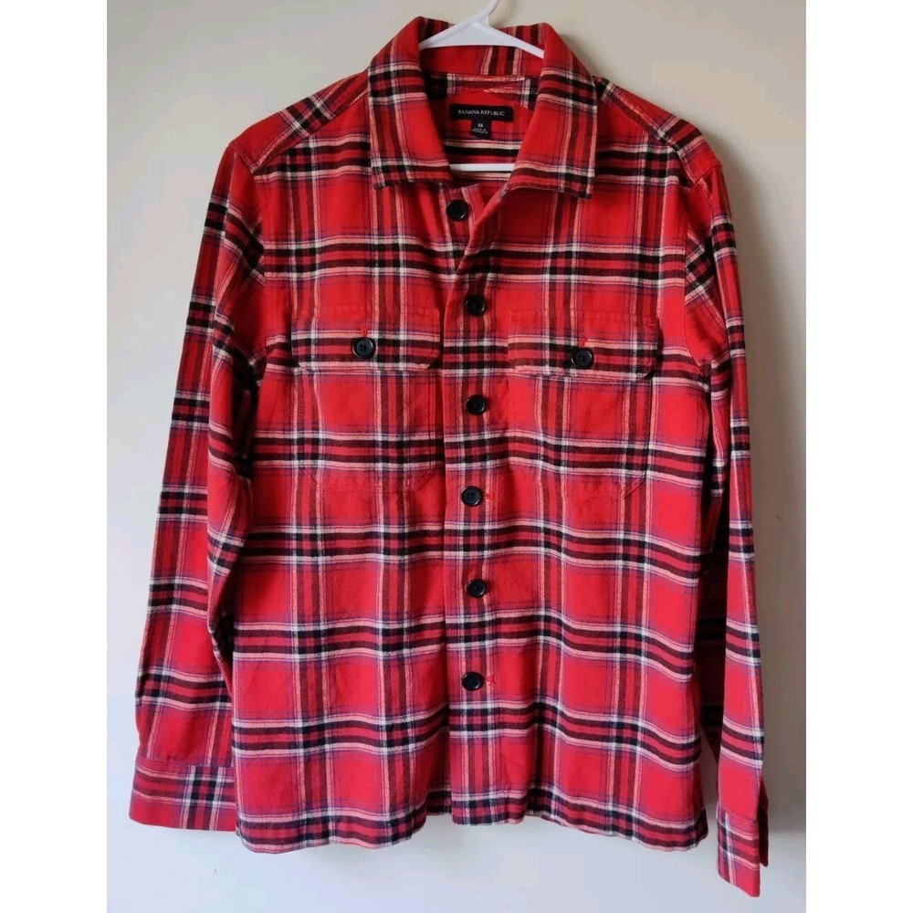 Banana Republic Mens Size Medium Thick Flannel Red Tartan Plaid Flaps Shacket